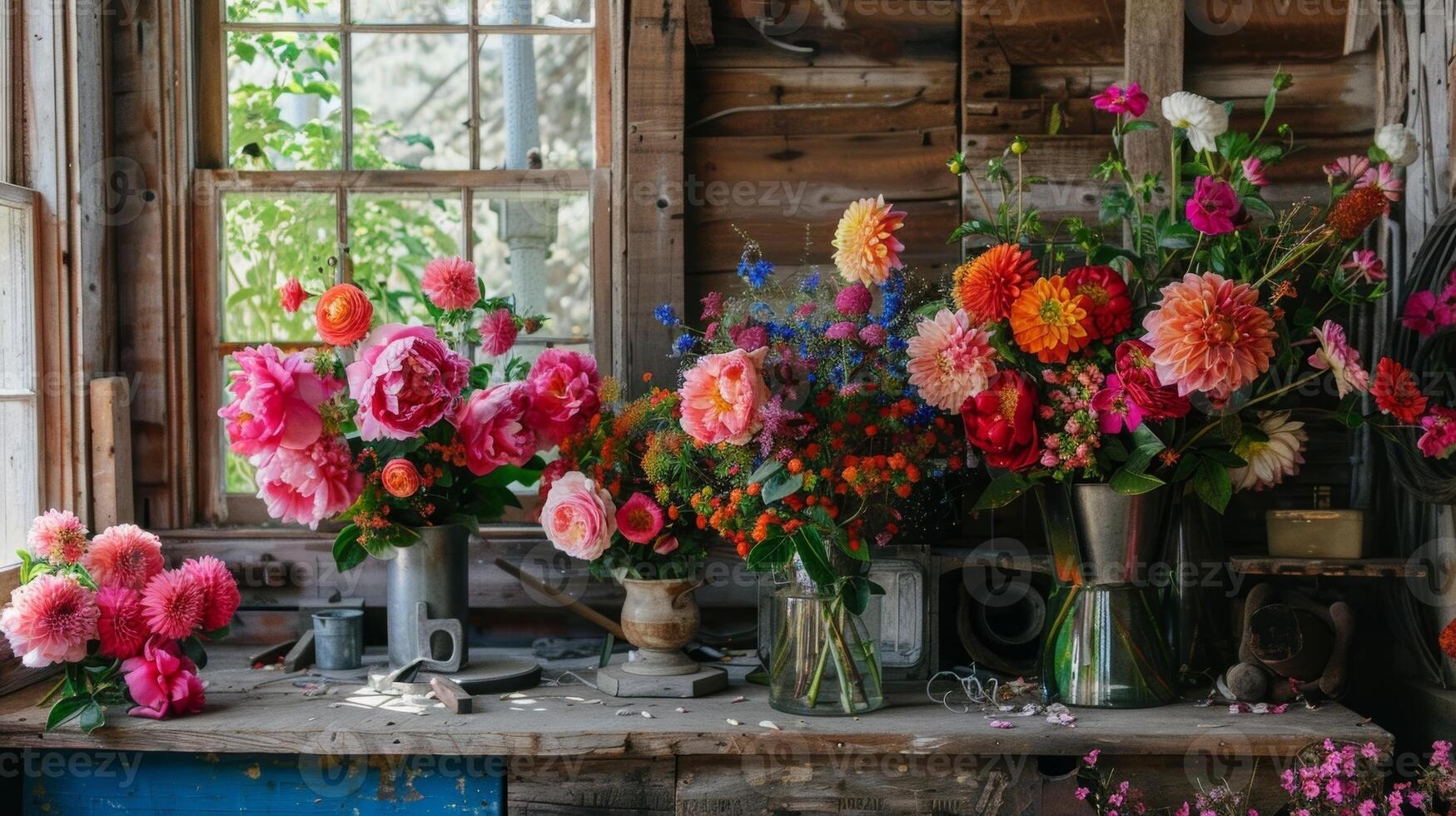 vibrant fleurit de des roses pivoines et dahlias apporter une éclater de Couleur à le atelier ajouter une toucher de élégance à le rustique alentours. 2d plat dessin animé photo