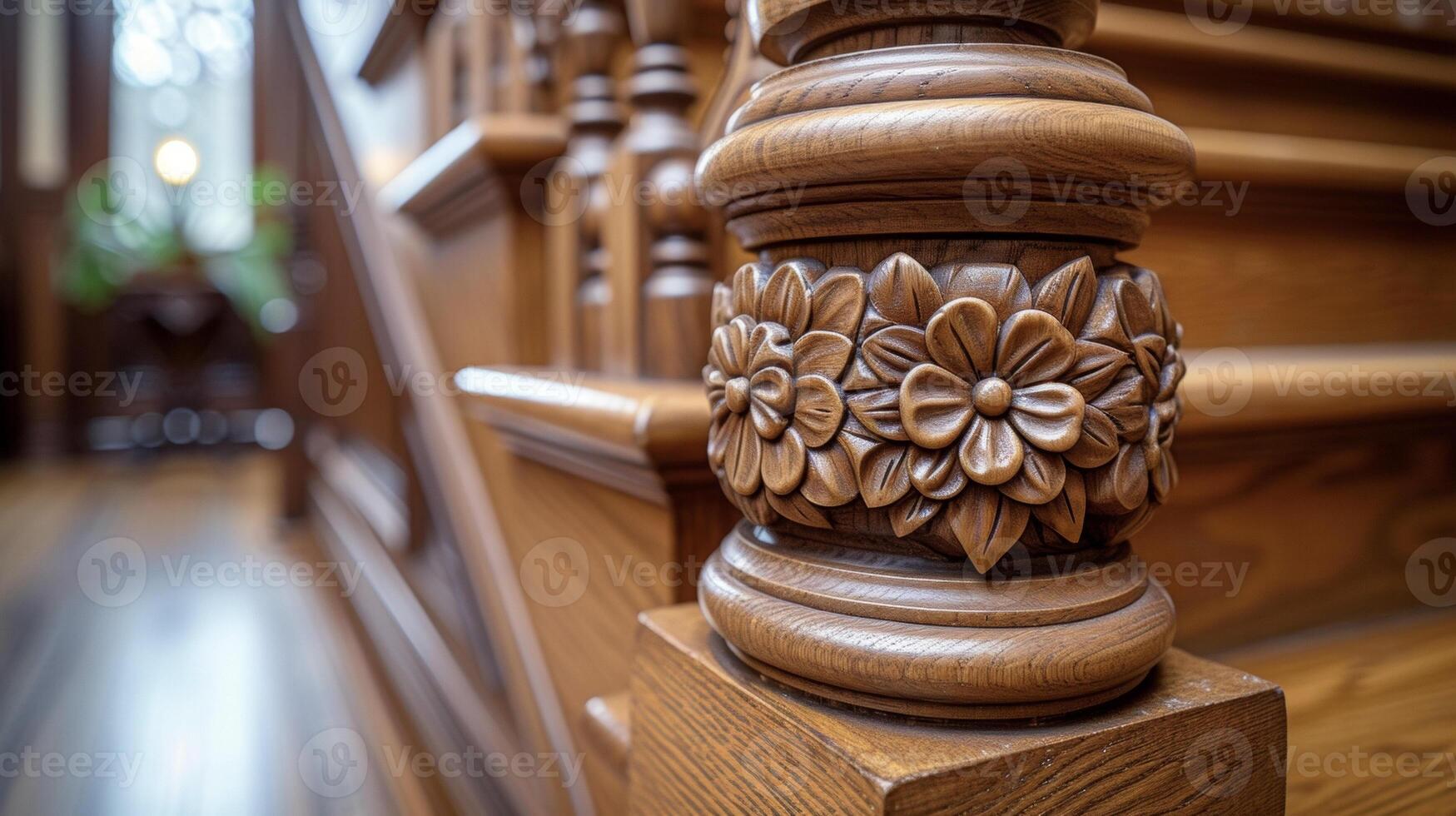 une détaillé coup de un de manière complexe sculpté en bois balustrade dans une restauré victorien Accueil mettant en valeur le compétence et attention à détail obligatoire pour historique restauration photo