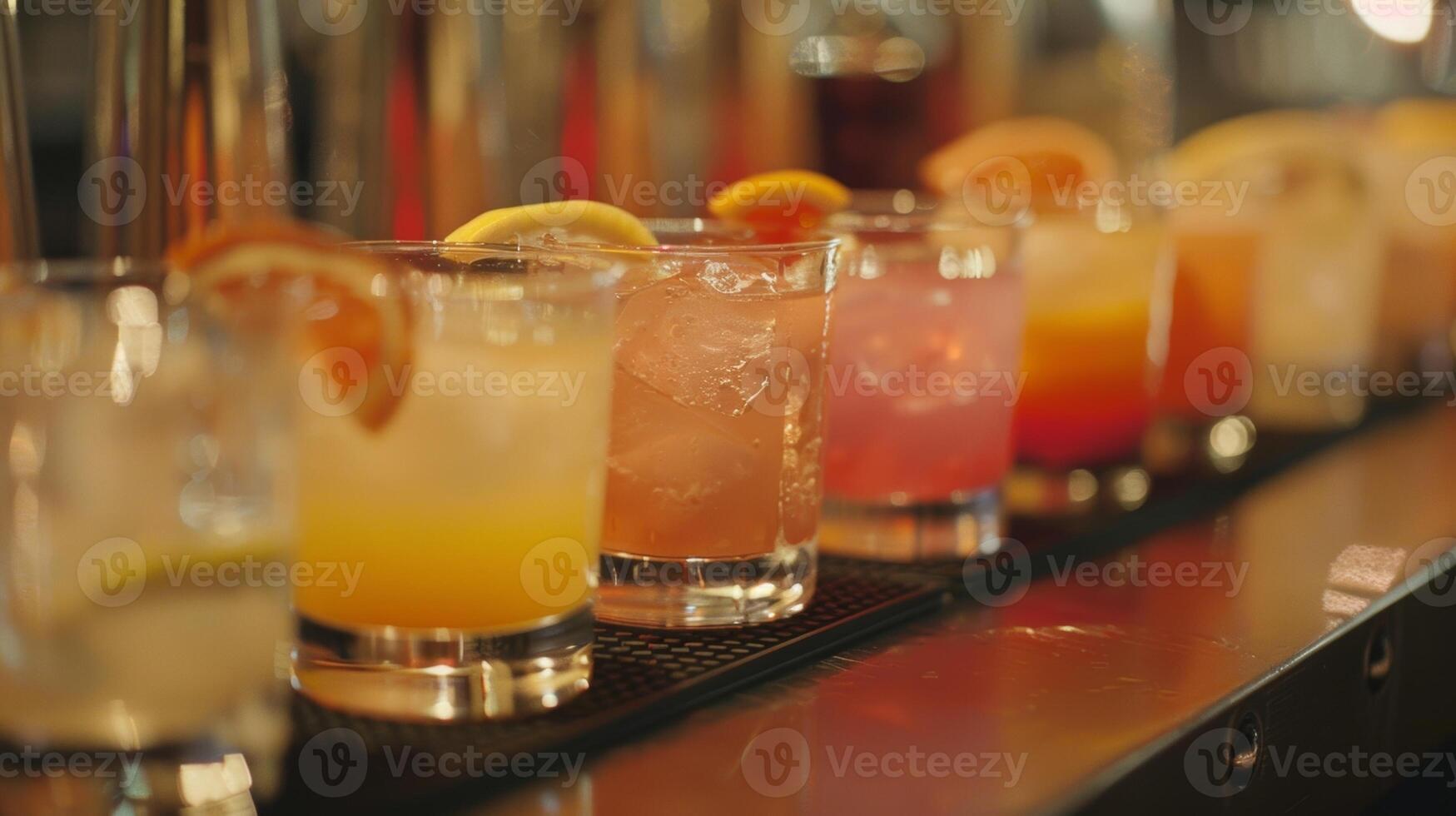 une ligne de amusement et unique cocktails sans alcool étant servi à une sobre sororité et fraternité content heure photo