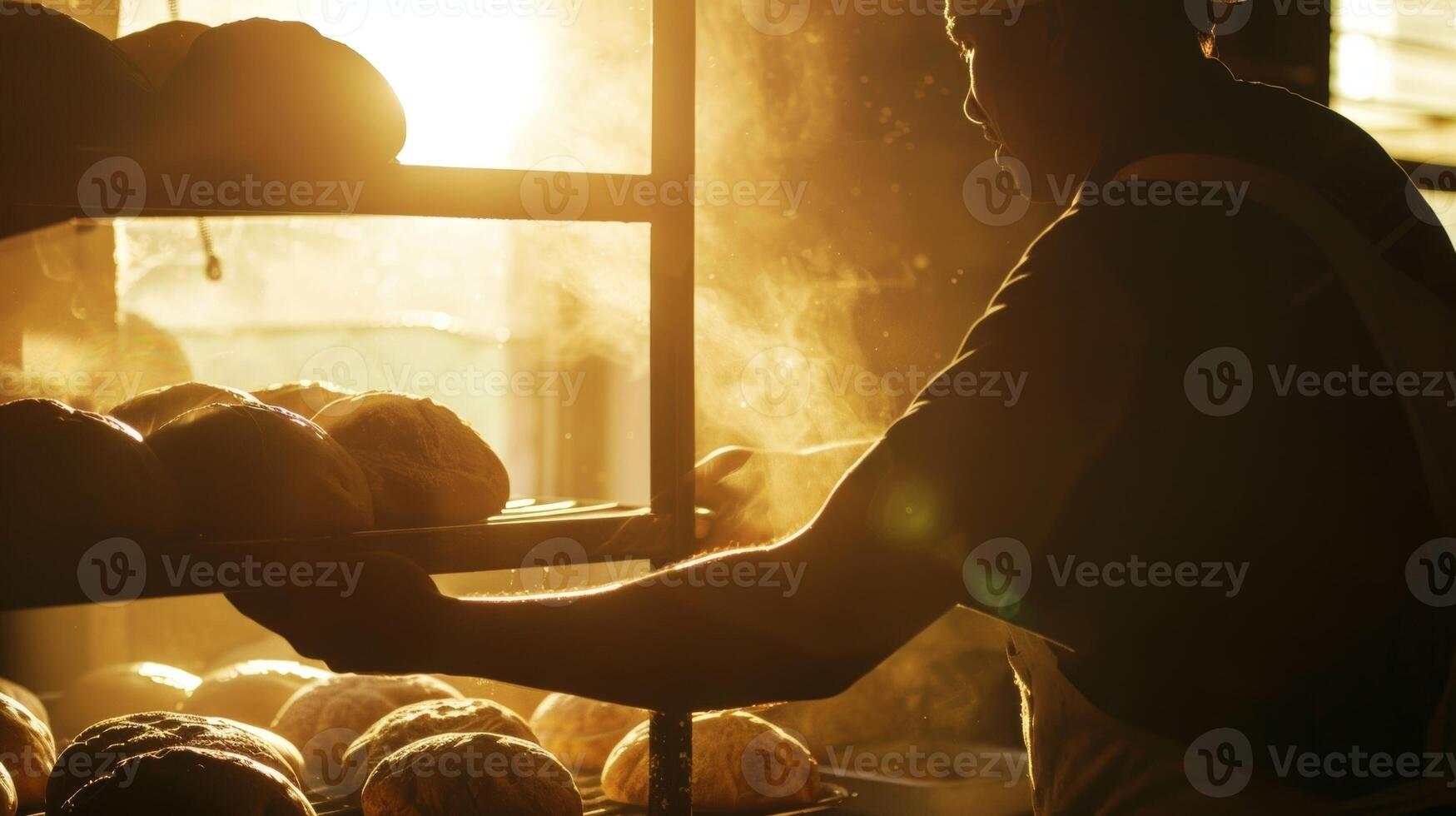 le silhouette de une boulanger tirant une plateau de à la perfection ressuscité pâte en dehors de une chaud four une faisceau de lumière du soleil brillant par le fenêtre sur leur visage photo