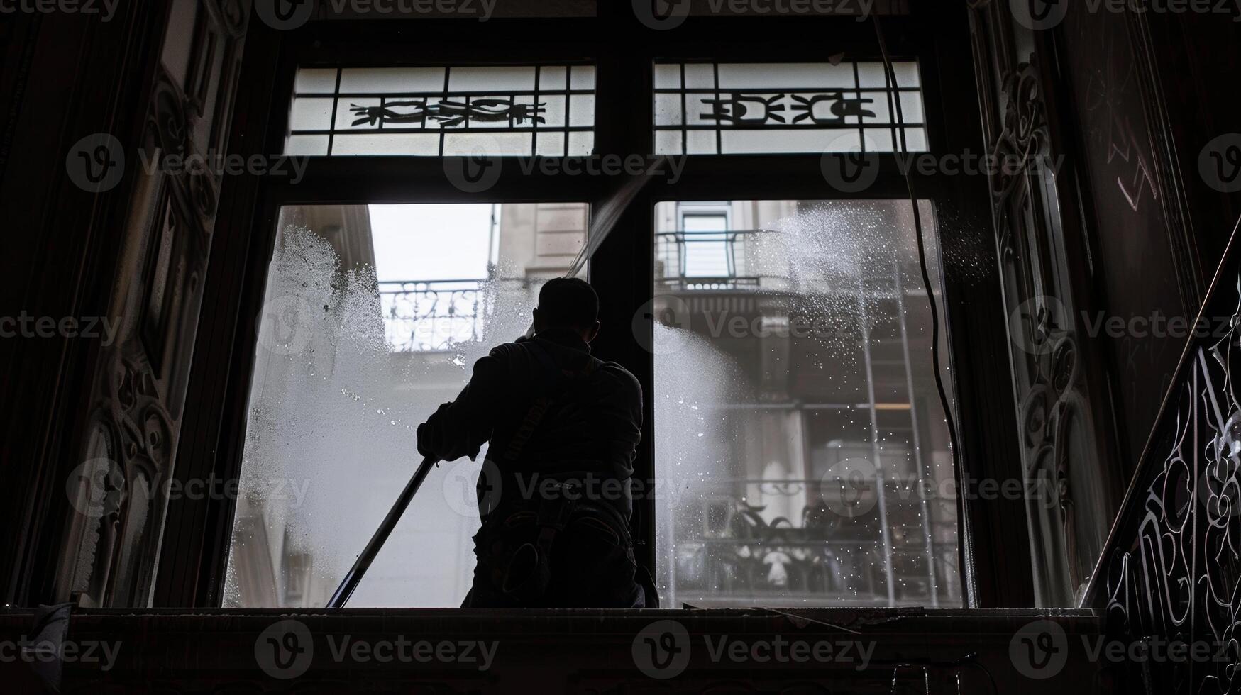 une ouvrier lingettes une façon poussière et débris de une nouvellement installée fenêtre donnant il une sans faille terminer cette seulement ajoute à le grandeur de le bâtiment photo