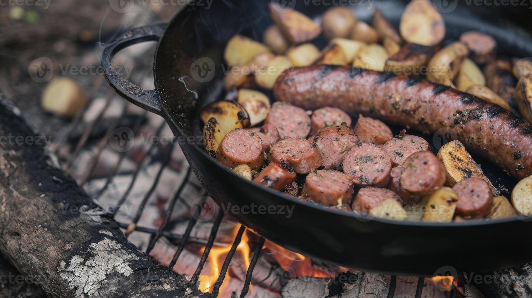 comme le flammes crépiter et lueur sarriette saucisse et soumissionner patates cuisinier à la perfection plus de le Feu. prendre plaisir une goût de le génial en plein air avec cette Facile encore délicieux repas photo