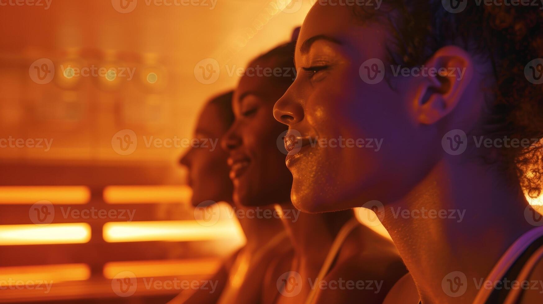 une groupe de femmes terminer leur intense faire des exercices avec une session dans le sauna en utilisant le chaleur à Aidez-moi affleurer en dehors toxines et la vitesse en haut leur métabolisme pour renforcée poids perte résultats. photo