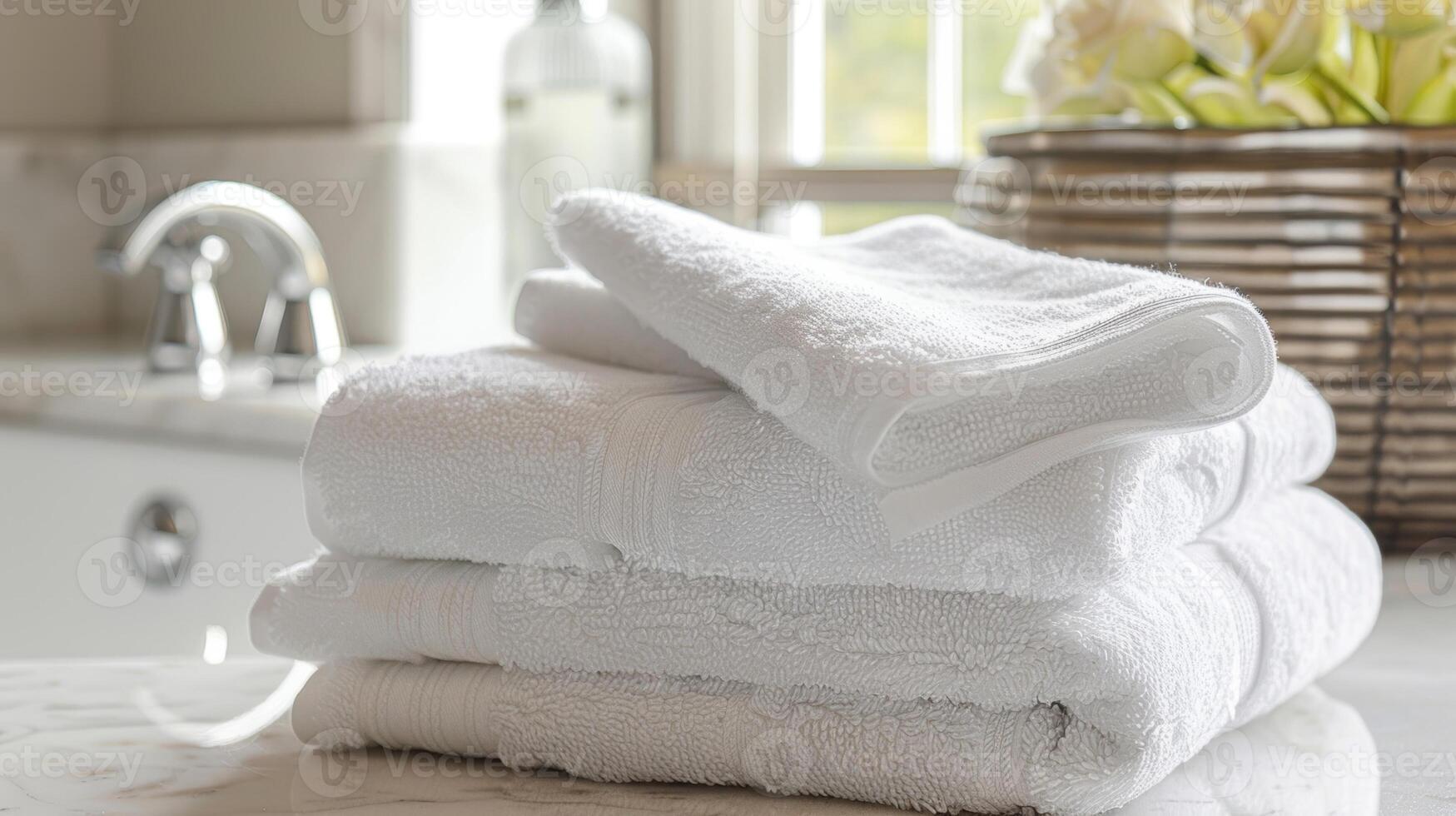une à la perfection plié main serviette repos sur Haut de une empiler de peluche blanc les serviettes prêt pour post-spa relaxation photo