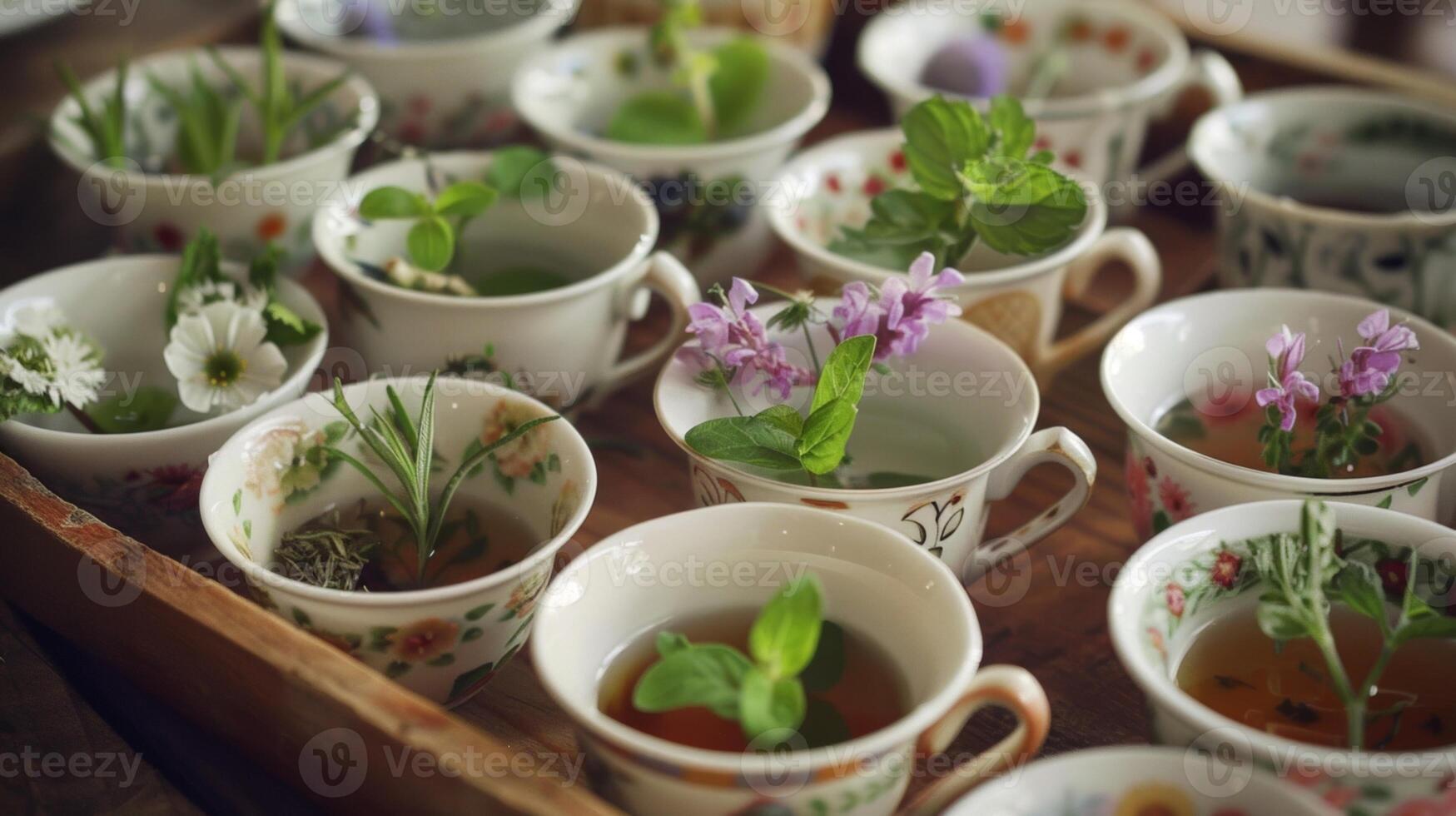 une plateau de thé tasses avec différent herbes et fleurs prêt pour invités à échantillon et comparer photo
