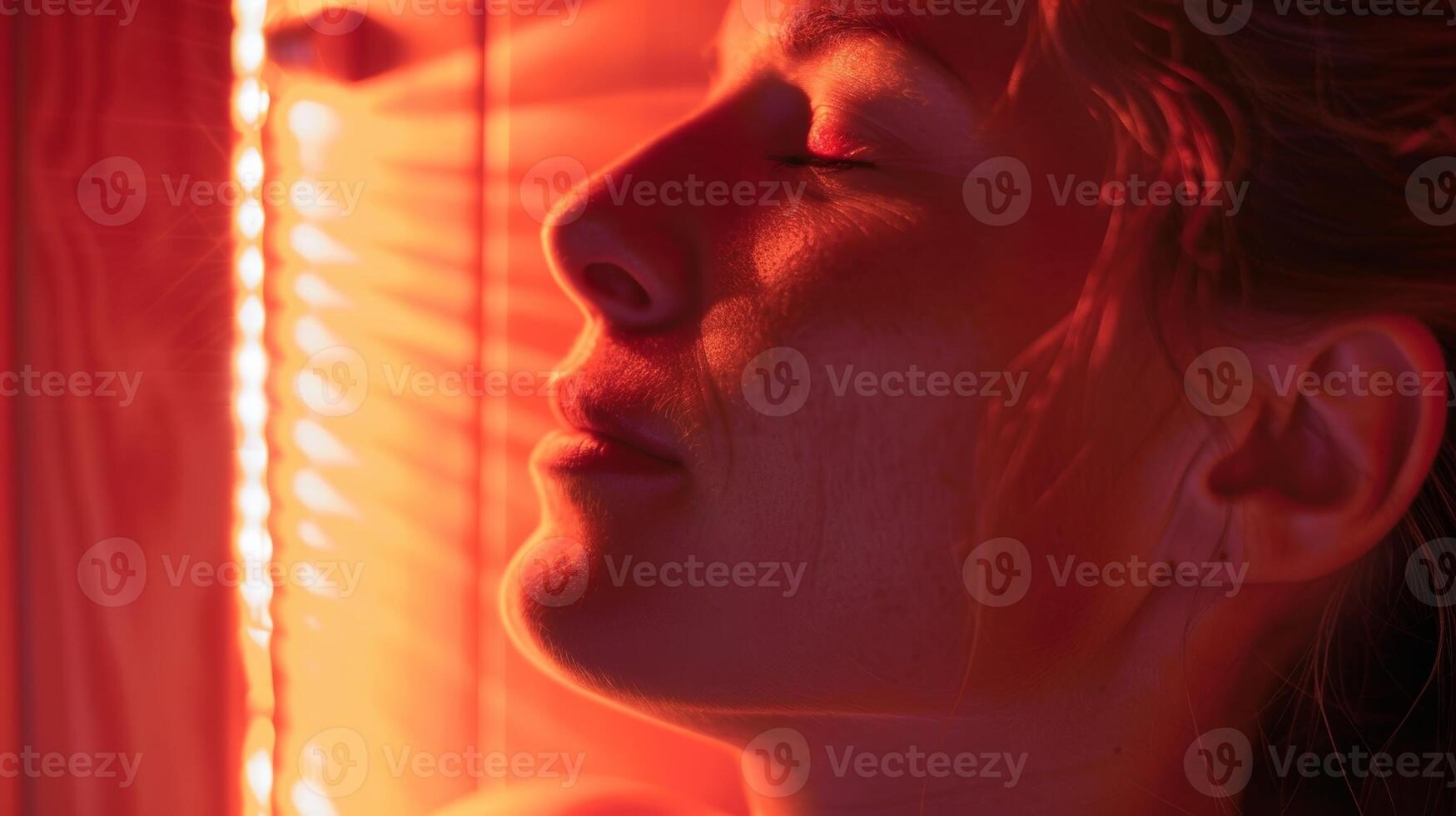 le faible rouge lumière de le infrarouge sauna traiter le les femmes fermé paupières apaisant sa cerveau et réduire sa migraine symptômes. photo