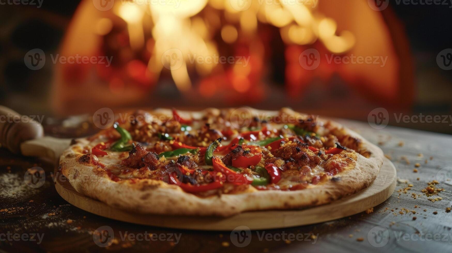 une ardent le banquet attend avec cette chaud poivre Pizza le vibrant rouge et vert poivrons jumelé avec une y mélange de le Chili flocons faire pour une visuellement étourdissant et l'eau à la bouche plat photo