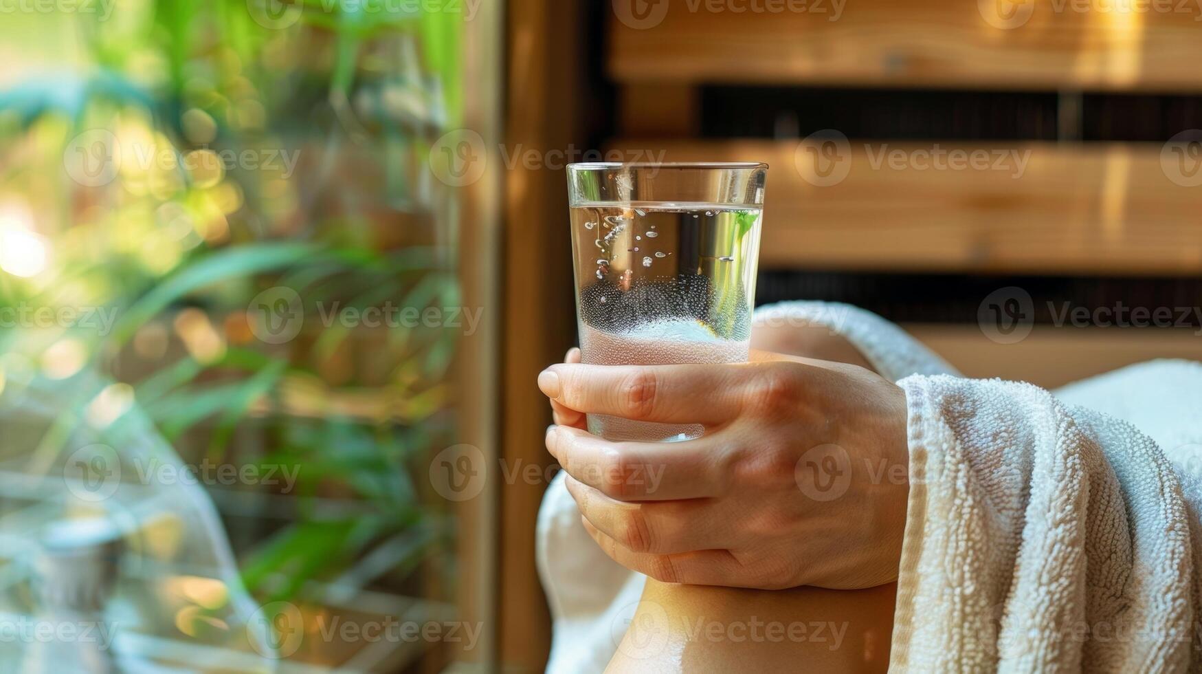 une la personne prise une Pause à l'extérieur le sauna en buvant une rafraîchissant verre de l'eau et emballage se dans une serviette. photo
