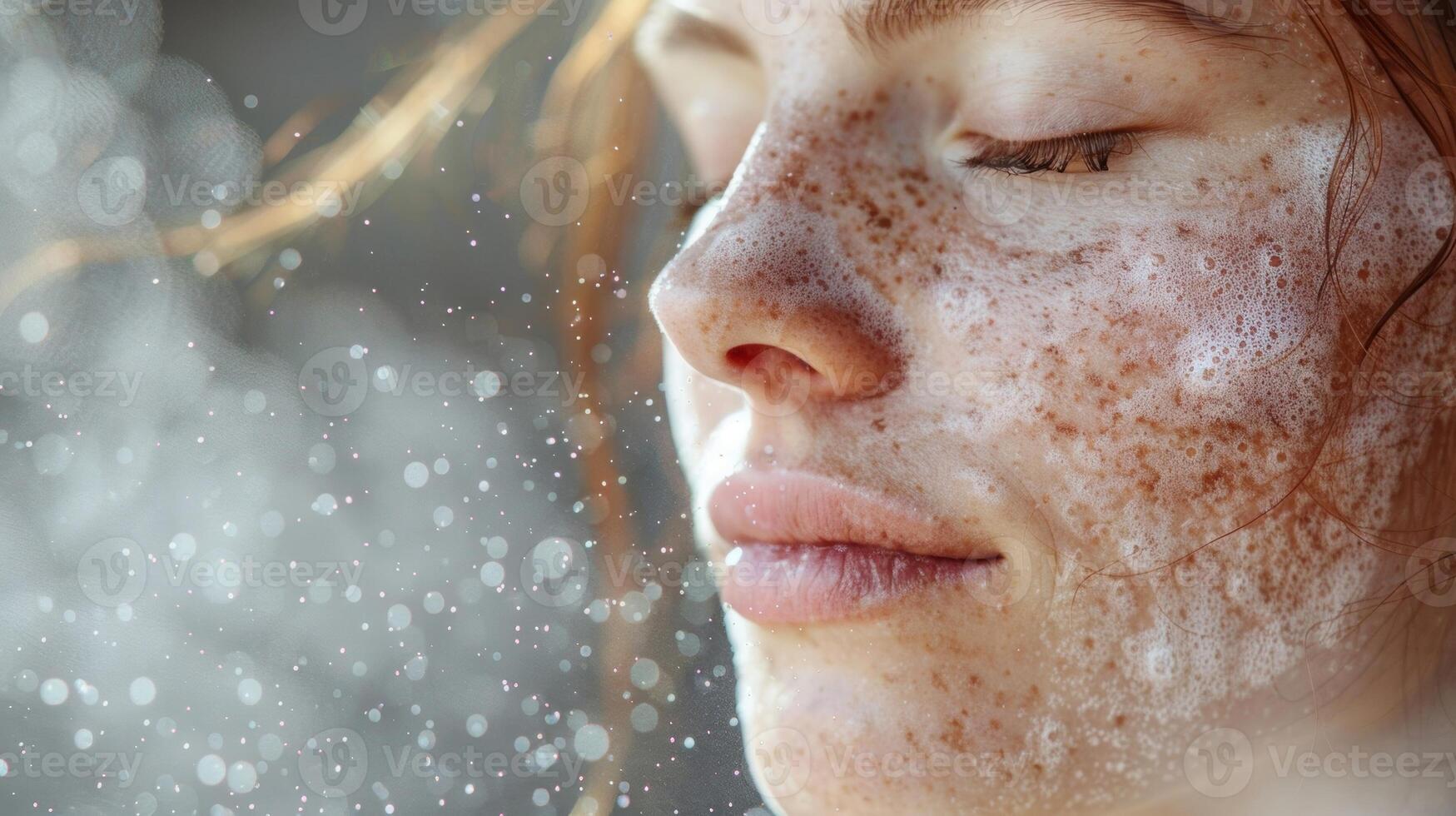 une les femmes visage est partiellement obscurci par une délicat infusé à la lavande brouillard sa yeux fermé dans relaxation comme elle Vaporisateurs le toner sur sa peau photo