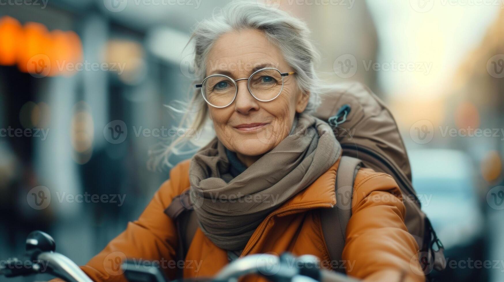 une Sénior femme en toute confiance monte sa bicyclette par le ville prouver cette âge est juste une nombre lorsque il vient à rester actif et profiter Extérieur Activités photo