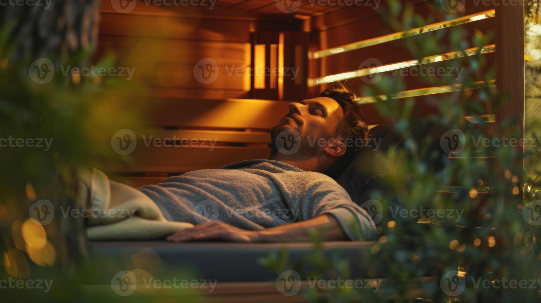 une homme mensonge vers le bas sur une banc dans un Extérieur infrarouge sauna yeux fermé et savourant le calmant des sons de la nature. photo