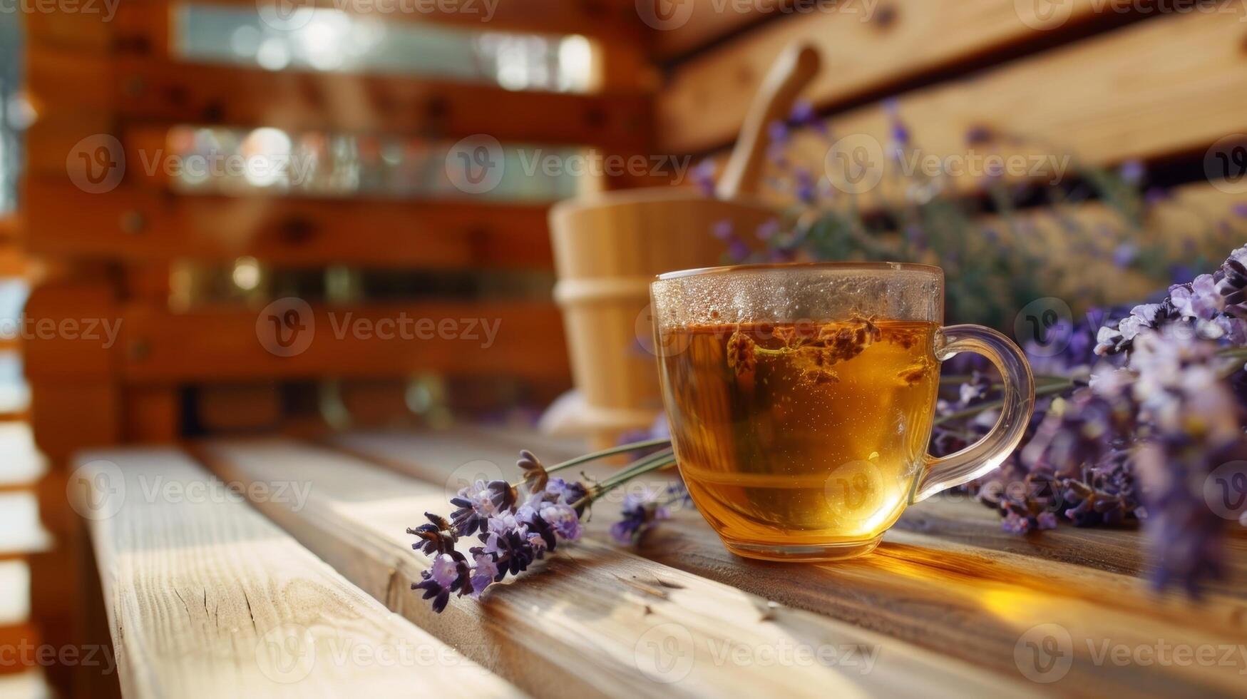 une tasse de à base de plantes thé repos sur le banc suivant à le sauna fournir hydratation et plus loin relaxation. photo