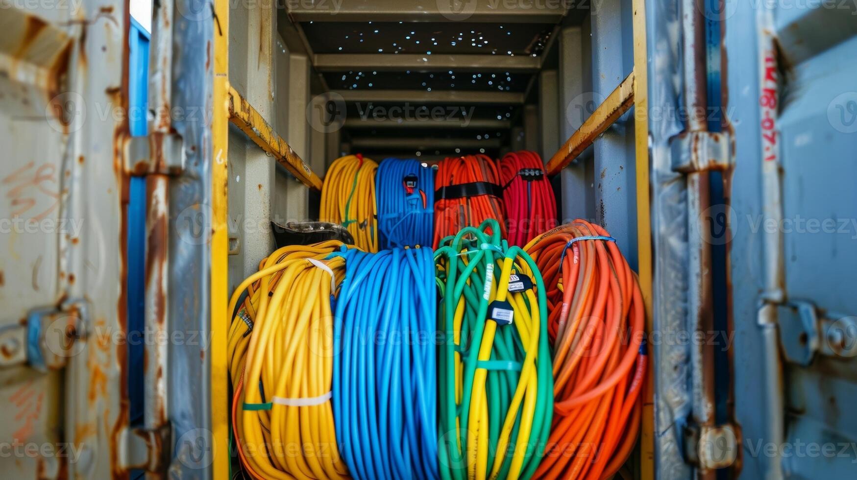 une récipient rempli avec coloré câbles fils et torsion connecteurs prêt à être installée par le électriciens photo