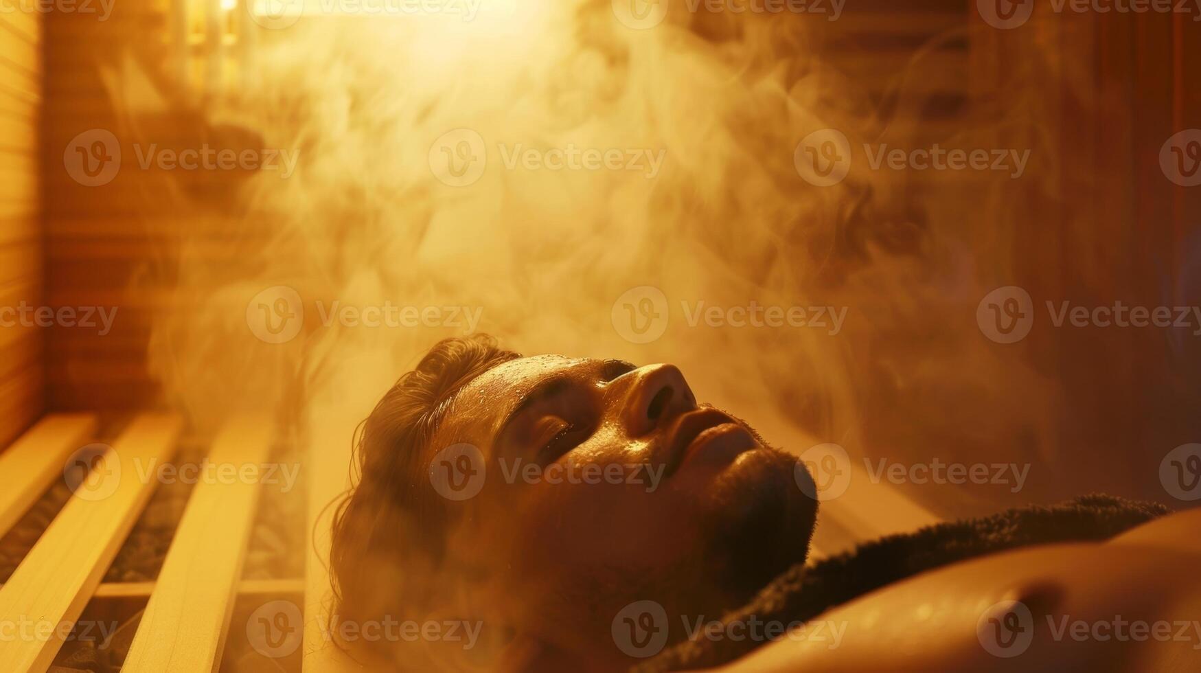 une la personne mensonge vers le bas dans le sauna yeux fermé et une contenu expression sur leur visage comme elles ou ils laisser le chaleur et vapeur travail ses la magie sur leur gueule de bois. photo