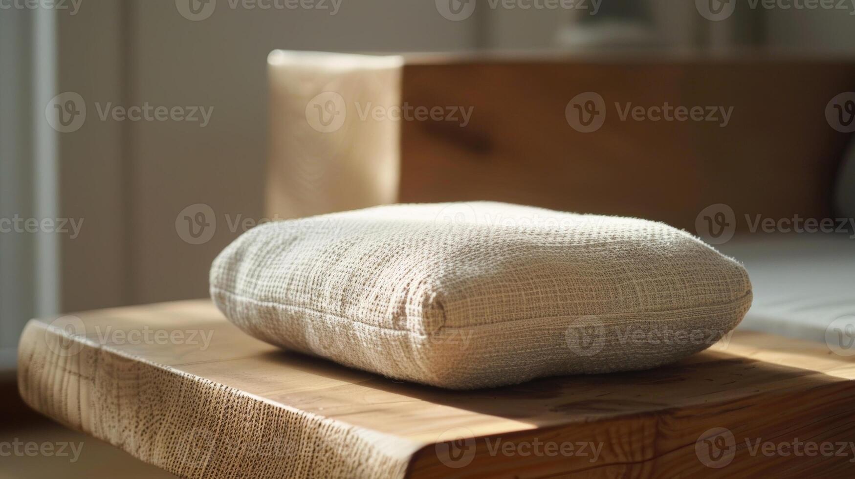 une confortable coussin est assis un haut une Facile en bois Plate-forme attrayant praticiens à prendre une siège et trouver interne calme. 2d plat dessin animé photo