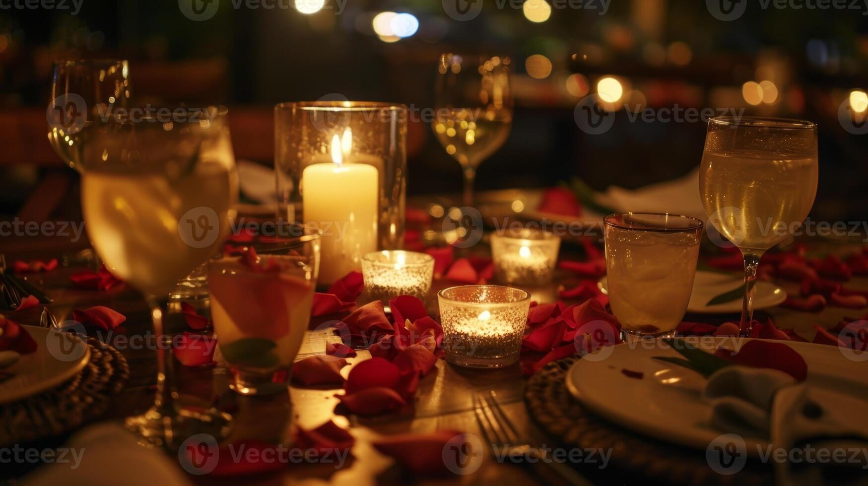 une a la chandelle dîner table orné avec non alcoolique breuvages et Rose pétales photo