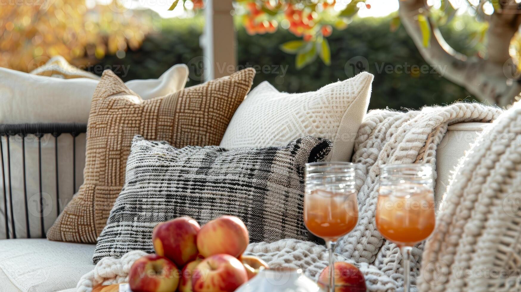 une confortable sièges zone avec peluche oreillers et couvertures parfait pour sirotant sur une chaud Pomme infusé au cidre mocktail photo