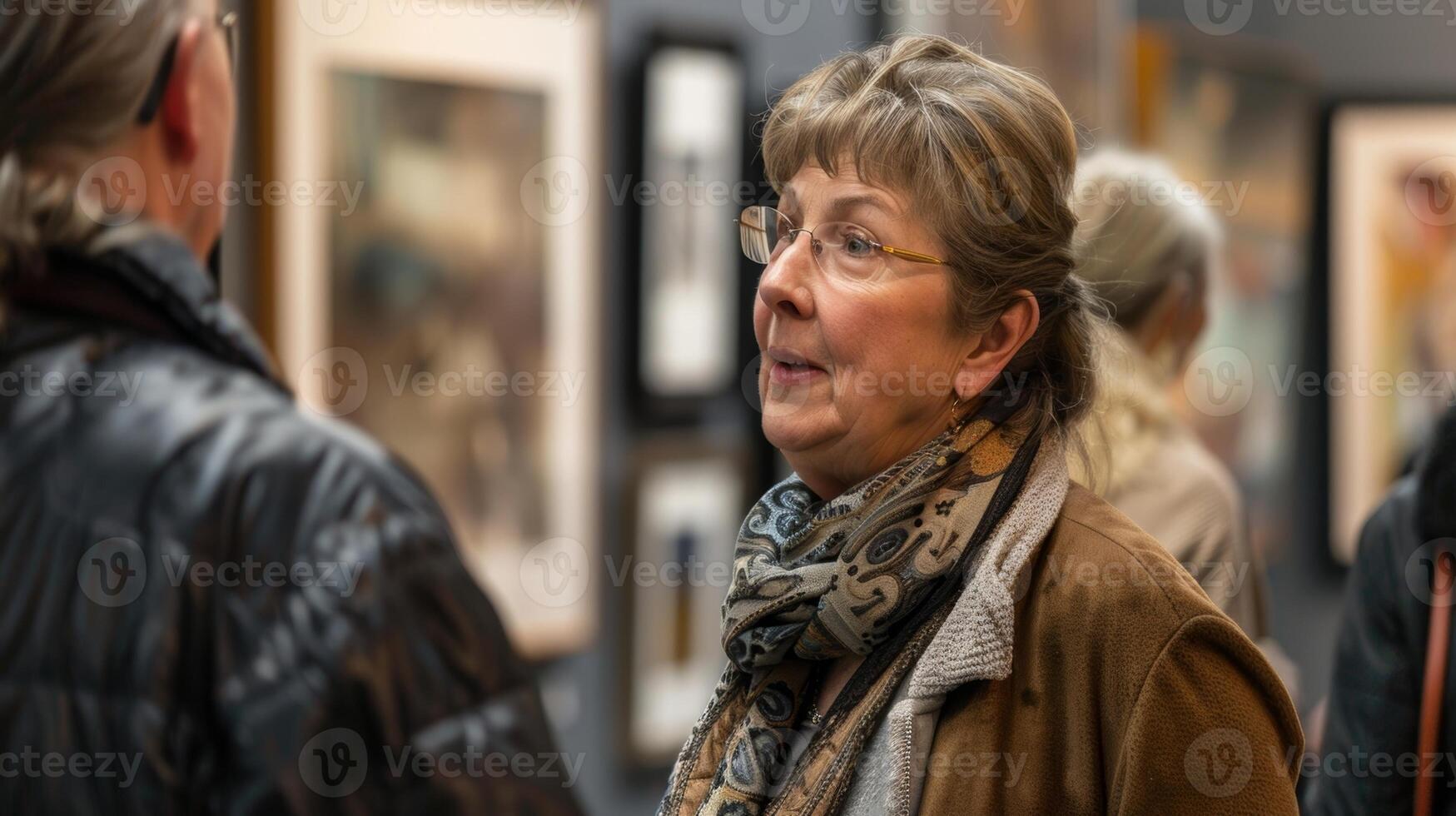 une collectionneur assiste une Galerie ouverture se mêler avec compagnon art passionnés et admiratif le soigneusement organisé pièces sur afficher photo