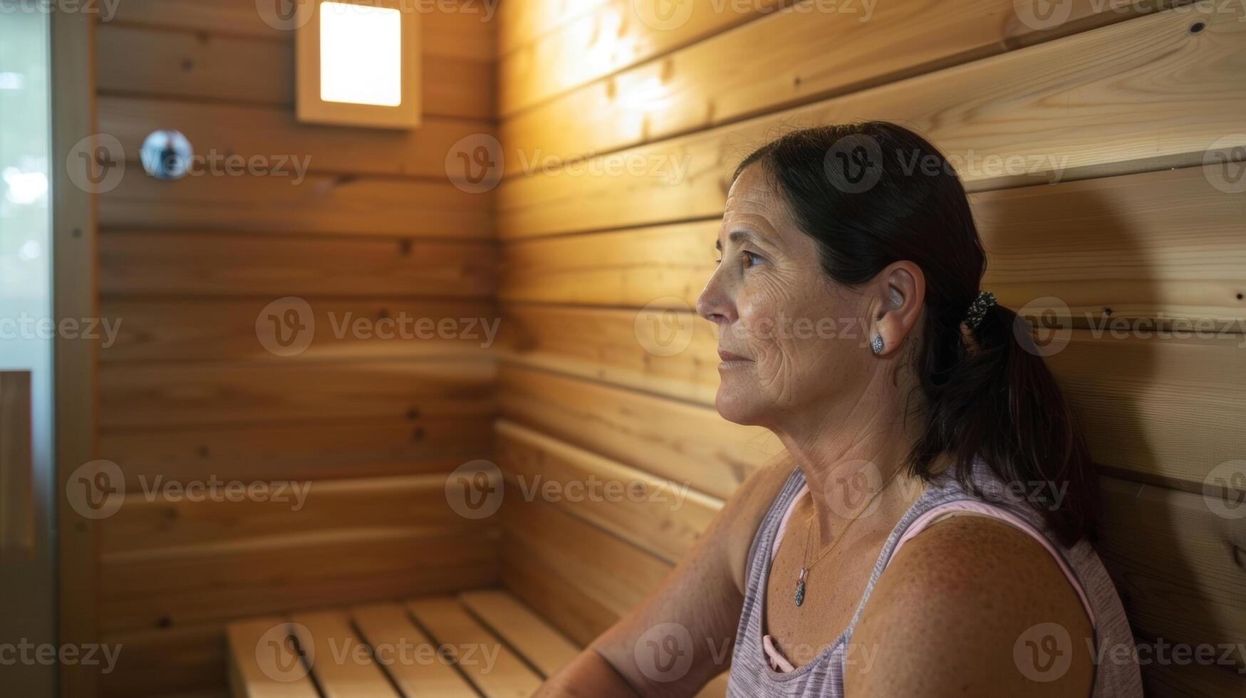 une femme avec fibromyalgie rejoint une sauna groupe à sa local communauté centre. comme elle actions sa luttes et expériences avec autres elle se sent une sens de solidarité et espérer dans connaissance photo