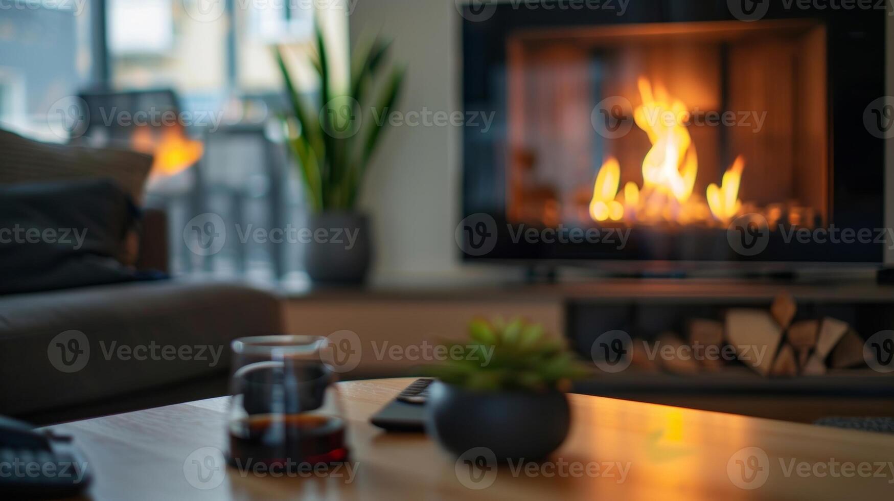 dans le coin de le étude une moderne cheminée avec une lisse Télécommandé flamme ajoute une toucher de sophistication à le chambre. 2d plat dessin animé photo