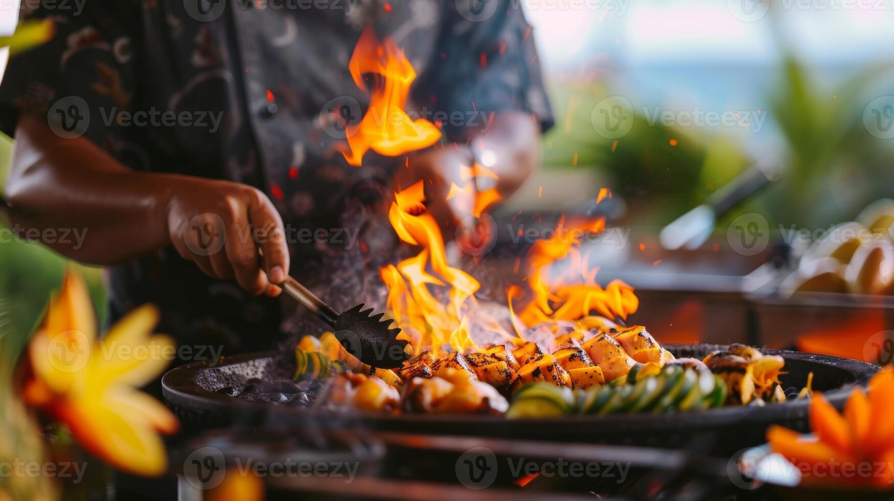 une animé cuisine manifestation avec Créatif et délicieux vaisselle fabriqué avec tropical des fruits comme le étoile ingrédient photo