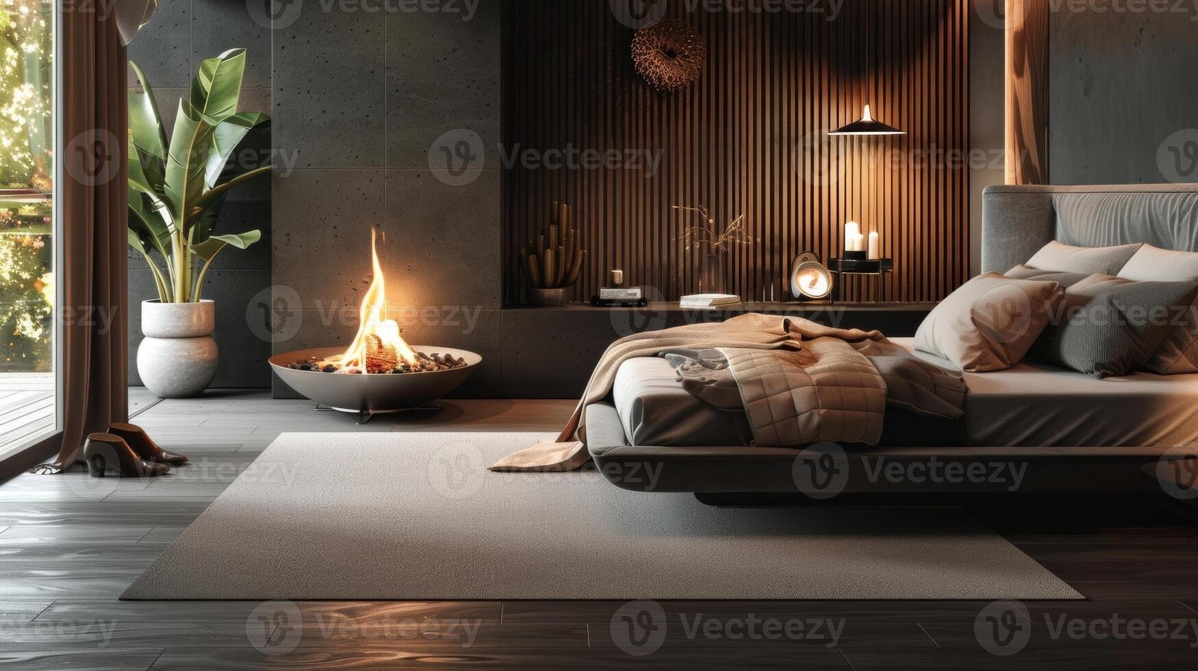 se détendre et se détendre dans le confort de votre chambre avec le doux lueur de une bioéthanol cheminée moulage une chaud ambiant lumière. 2d plat dessin animé photo