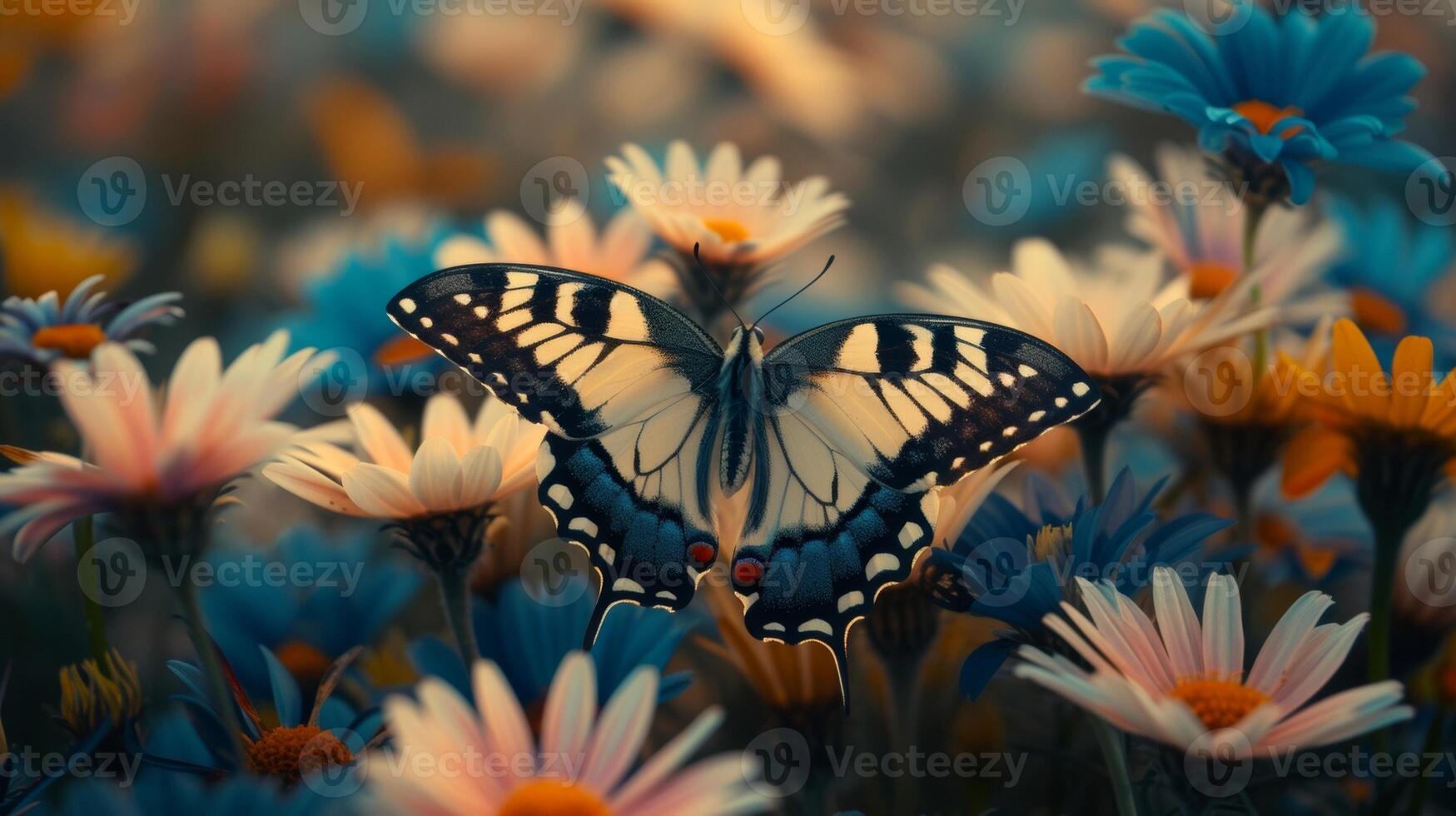 une Sénior photographe capture le parfait coup de une fascinant papillon perché sur une lit de vibrant fleurs sauvages chaque pétale et aile détail cristal clair dans le final image photo