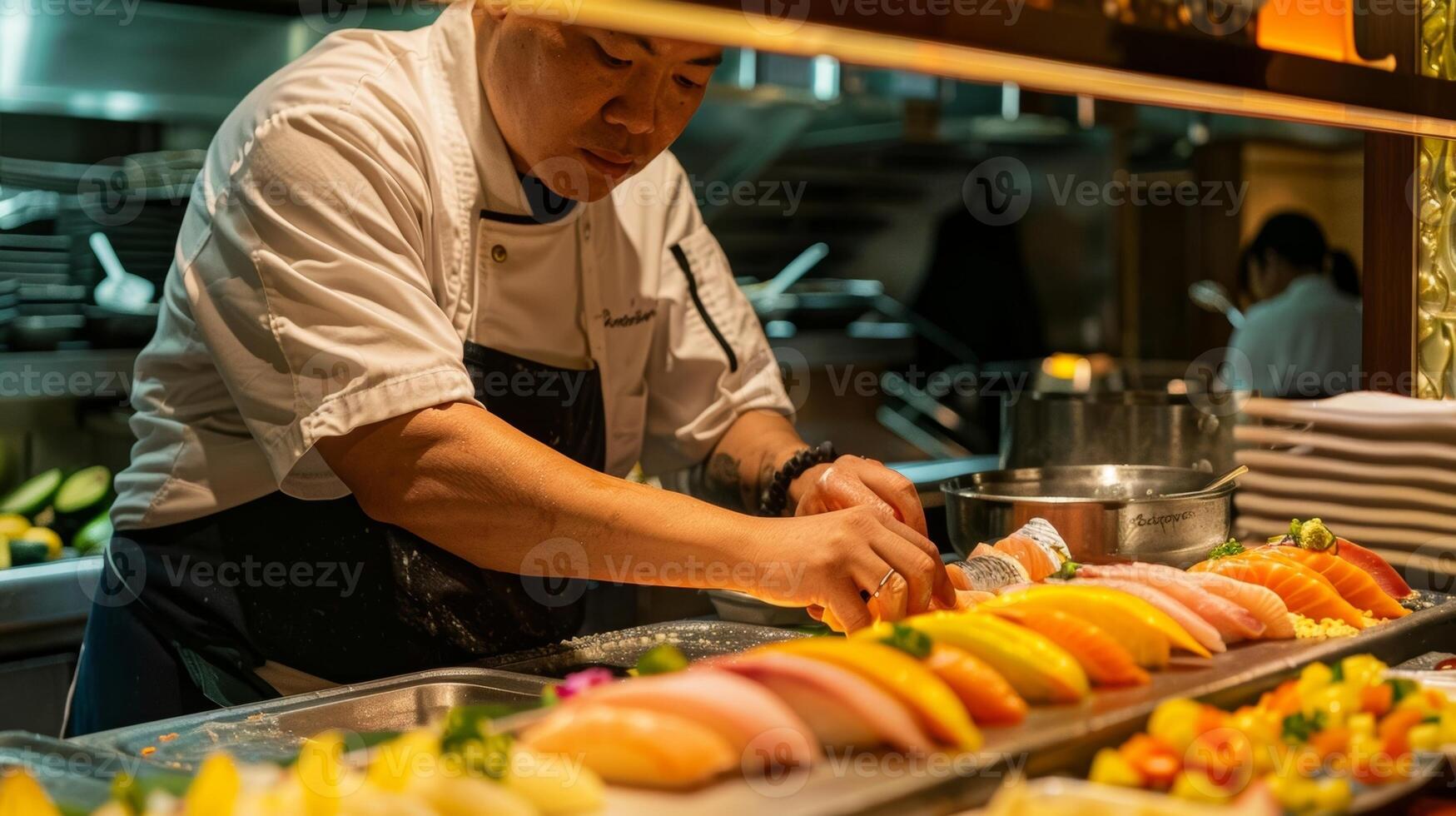 comme le poisson continue à cuisinier le chef habilement tranches et dés une arc en ciel de tropical produire incorporation leur dans le plat pour une éclater de fraîcheur et Couleur photo