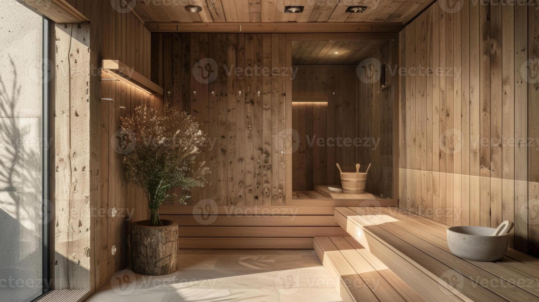 une confortable en bois sauna avec une à feu doux réglage idéal pour animaux domestiques à joindre dans pour une rajeunissant transpiration session. photo