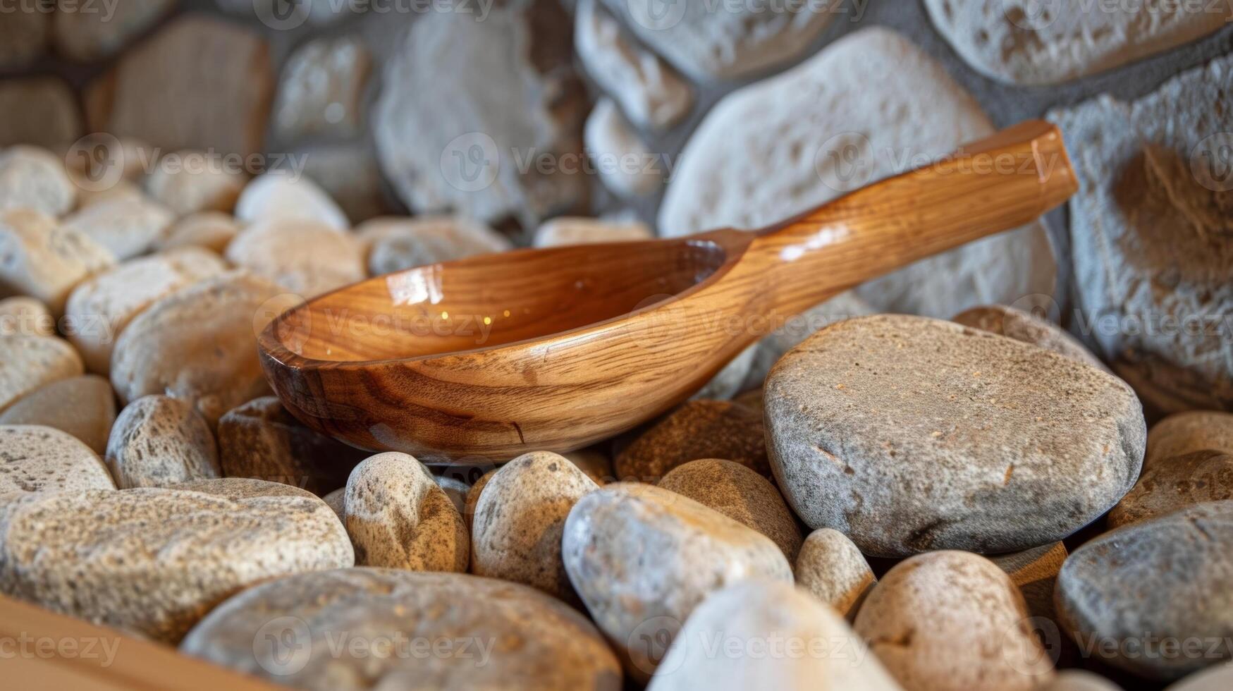 une en bois louche utilisé pour écope l'eau sur le sauna rochers et contrôler le niveau de humidité. photo