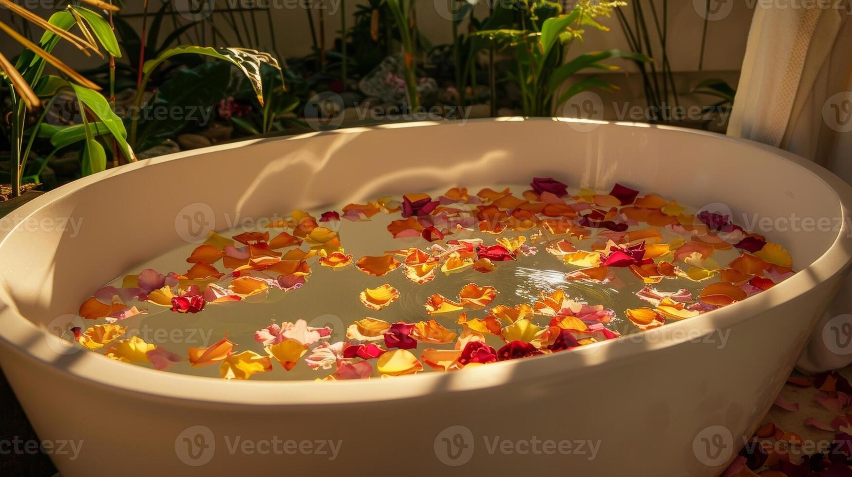 le une baignoire est orné avec pétales de coloré fleurs ajouter une toucher de élégance à le déjà luxueux réglage photo