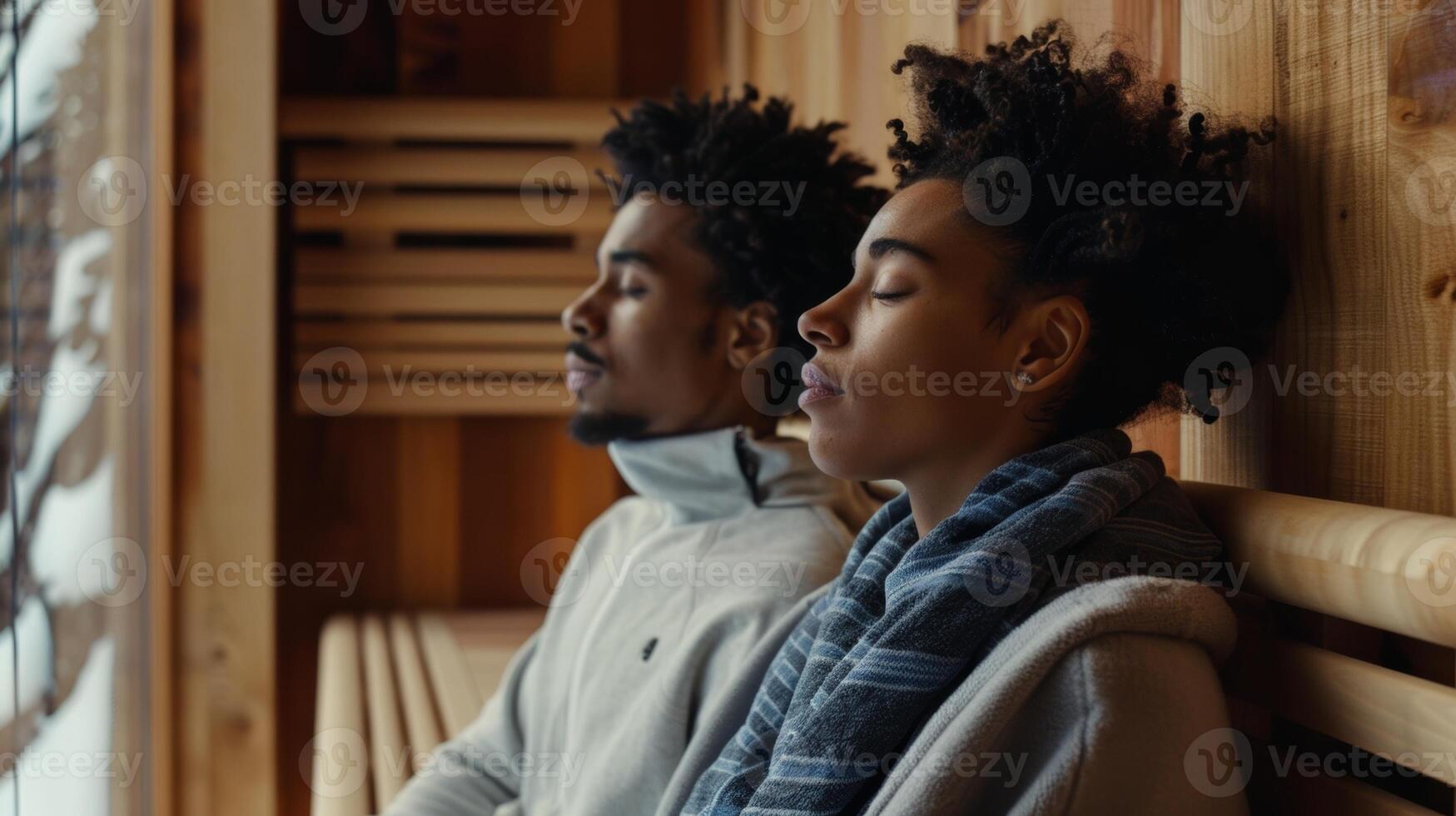 deux gens séance contraire chaque autre sur sauna bancs leur yeux fermé comme elles ou ils imaginer une réussi résultat pour leur A venir affaires entreprise. photo