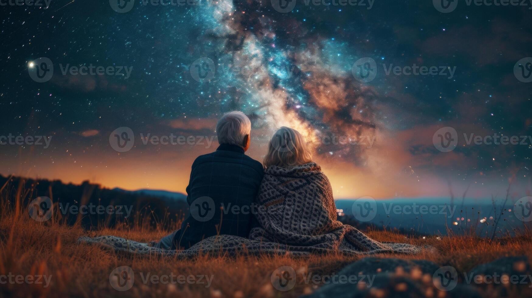 un personnes âgées couple est assis en dessous de une couverture entouré par le paisible des sons de la nature comme elles ou ils liaison plus de leur partagé l'amour pour observation des étoiles et le mystères de le univers photo