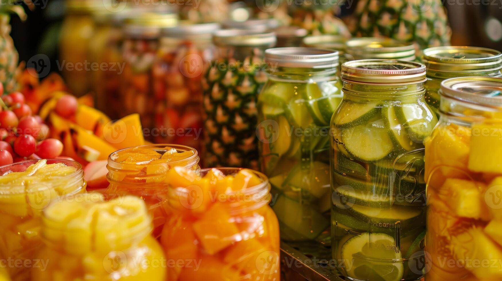 une coloré tableau de tropical des fruits comprenant Ananas papayes et goyaves étant préparé pour mise en conserve dans verre pots photo