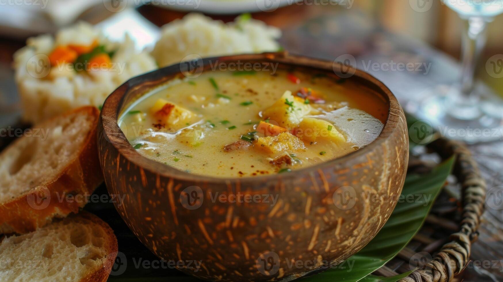 délicieux infusé à la noix de coco soupe servi dans une taillé banane feuille bol complété par une côté de fraîchement cuit pain photo