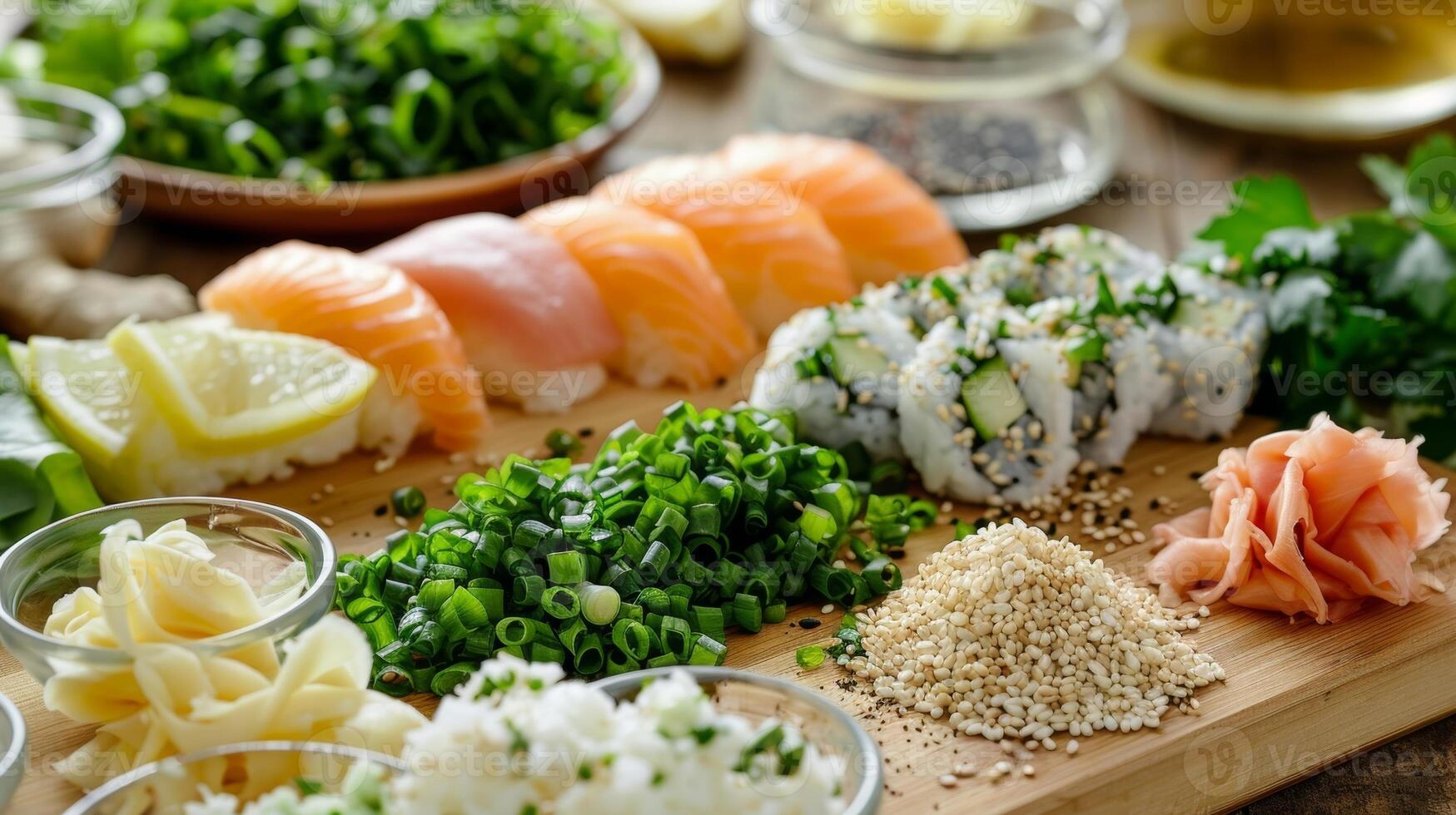 un assortiment de Frais herbes et es comprenant wasabi et gingembre prêt à ajouter une donner un coup de saveur à le Sushi Rouleaux photo