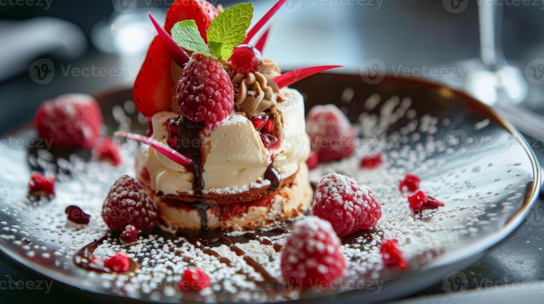 un élégant assiette de déconstruit dessert mettant en valeur couches de textures et les saveurs cette exiger complexe techniques à exe photo