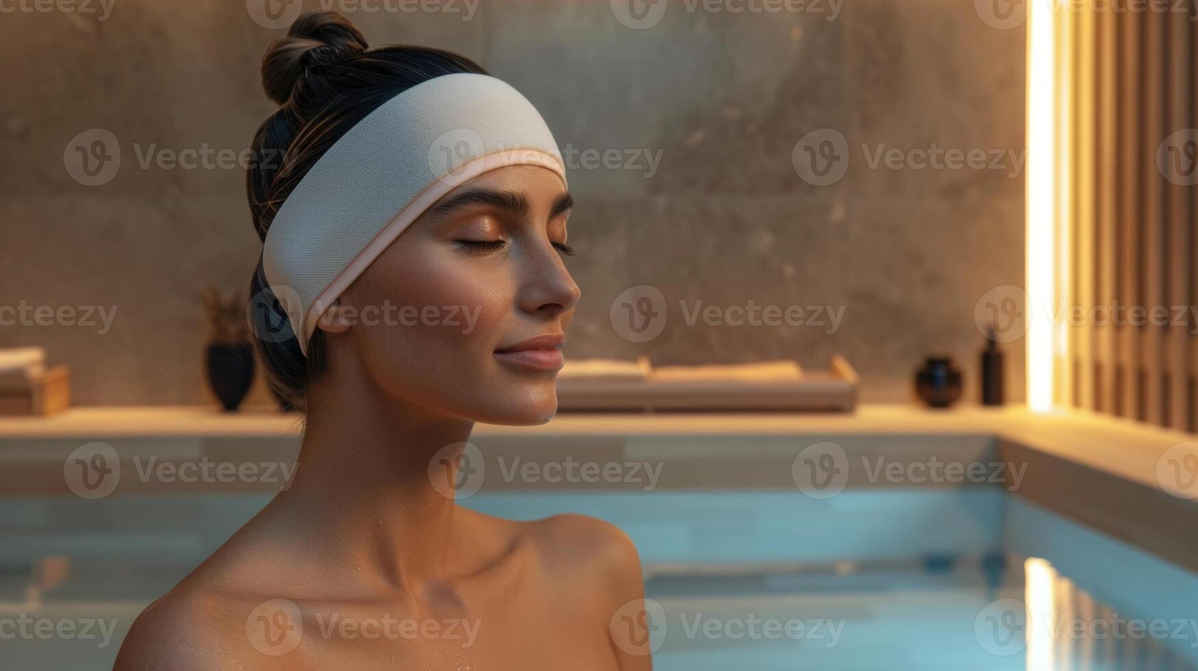 une unique sauna Bandeau fabriqué de refroidissement matériaux parfait pour en gardant cheveux en dehors de le visage et absorbant transpiration pendant une sauna session. photo