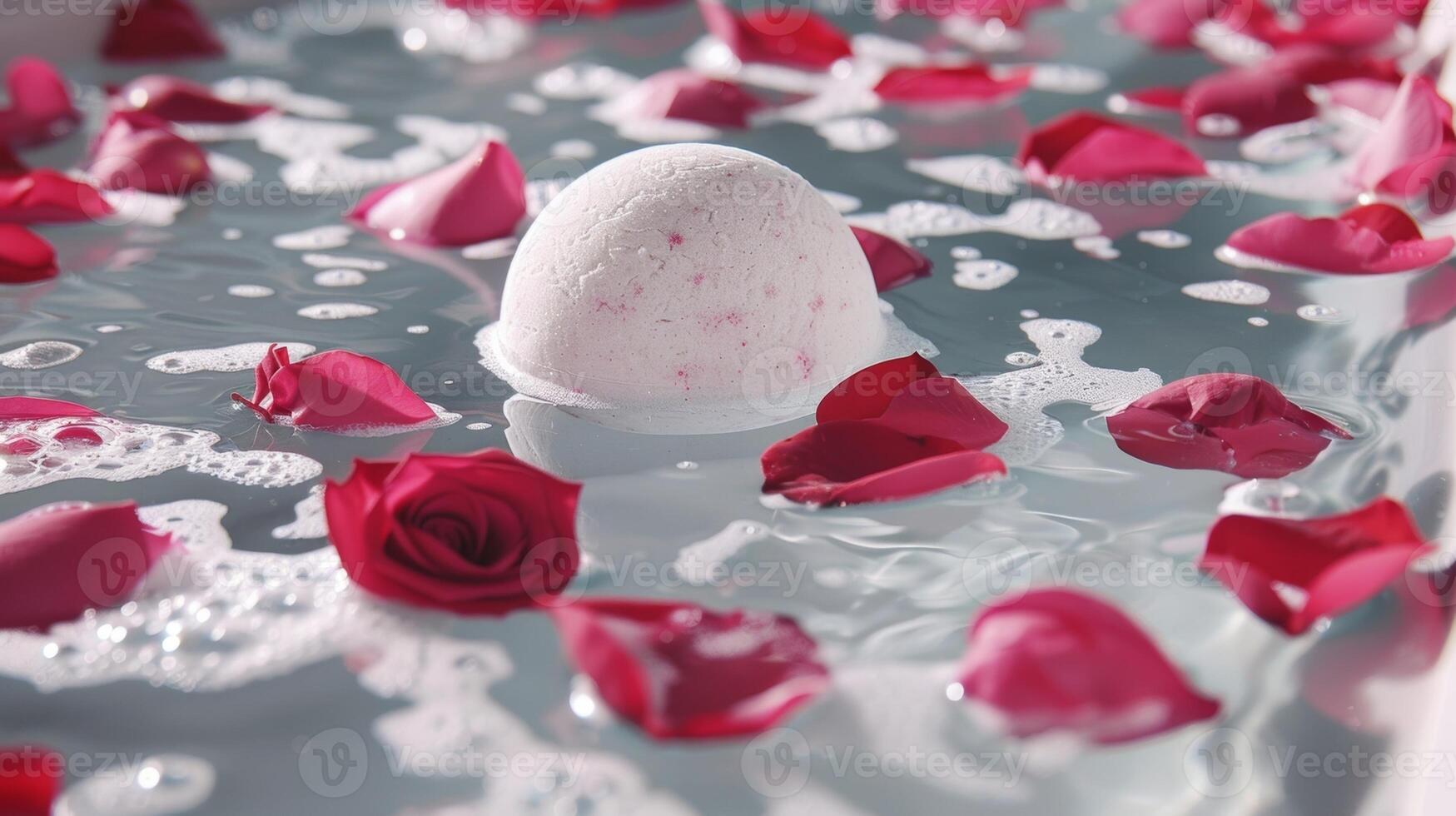 une baignoire rempli avec chaud l'eau et Rose pétales prêt pour une délicieusement parfumé une baignoire bombe à être chuté dans photo