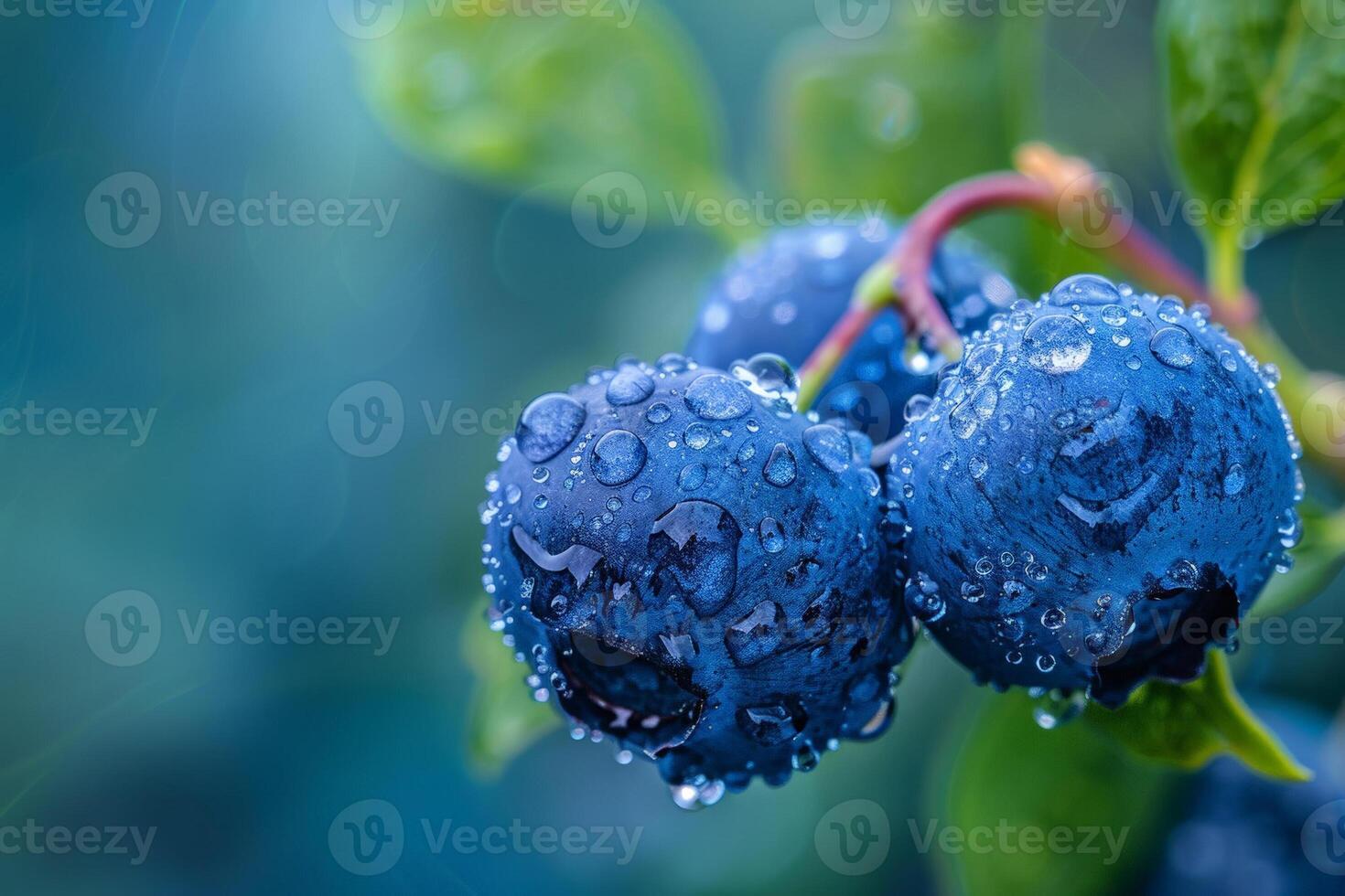 macro coup de rosée gouttes sur une mûr myrtille, vibrant bleu et vert Contexte photo