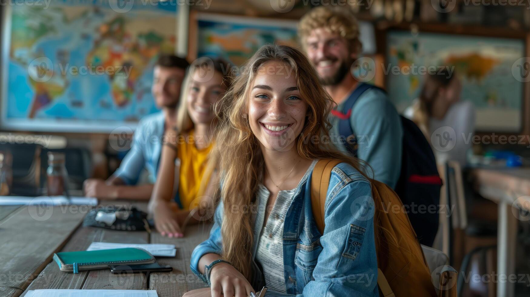 Jeune élèves souriant dans une salle de cours avec monde carte photo