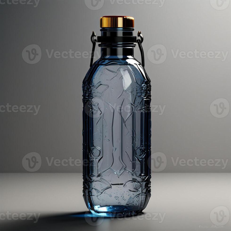 une clair bouteille avec une or casquette est assis sur une table photo