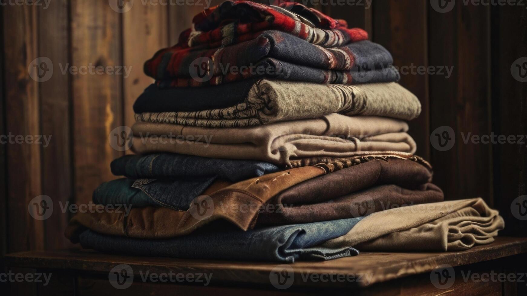 une empiler de plié vêtements sur une en bois table photo