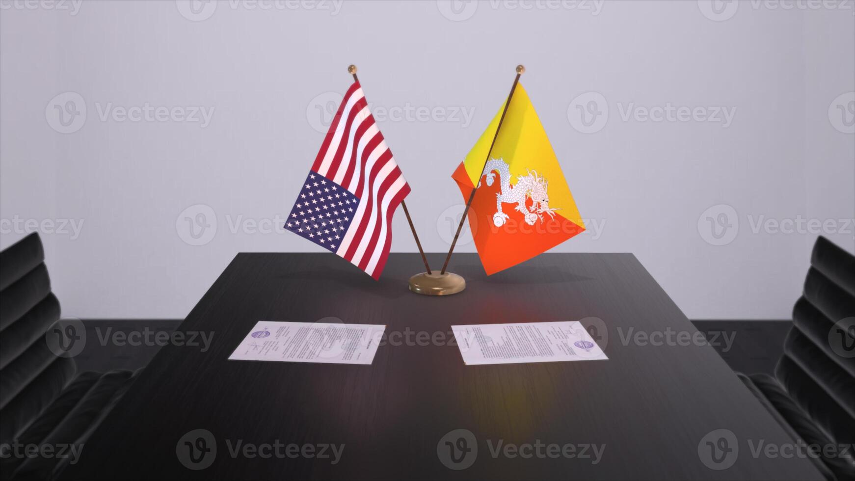 bhoutan et Etats-Unis à négociation tableau. affaires et politique 3d illustration. nationale drapeaux, diplomatie accord. international accord photo