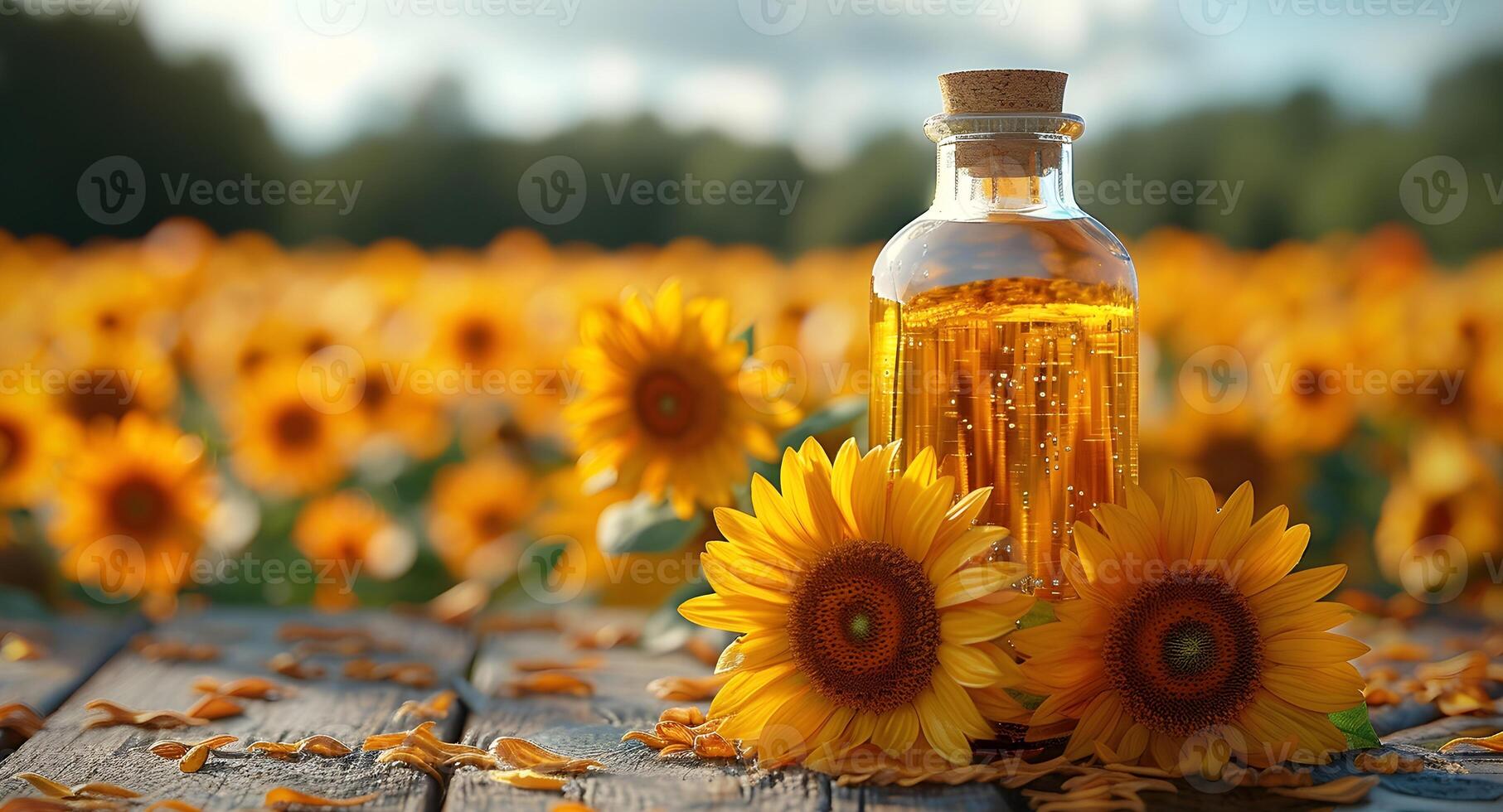 tournesol pétrole dans une bouteille sur une Contexte de tournesols. photo