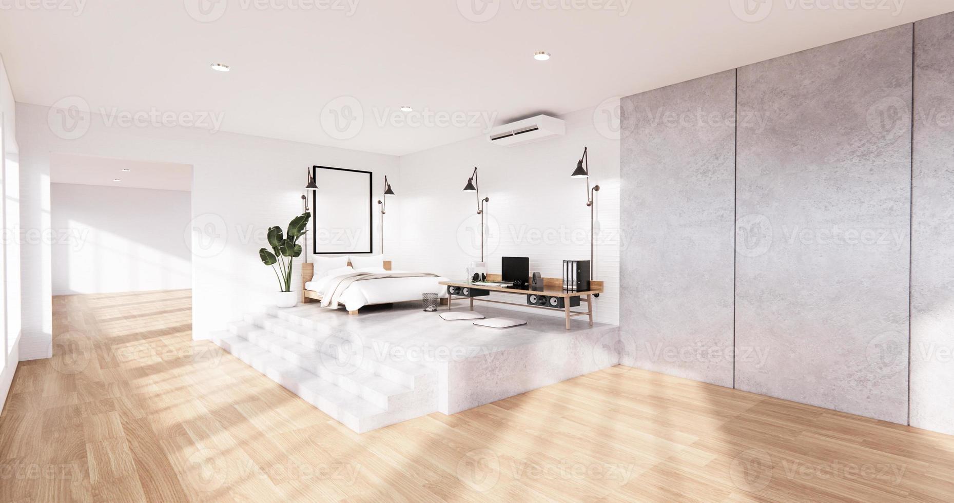 l'intérieur de la chambre loft moderne avec ordinateur et outil de bureau sur le bureau. rendu 3D photo