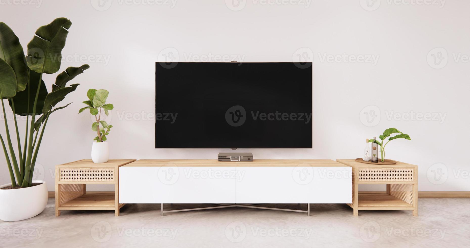 le meuble tv en bois au mur blanc sur sol blanc chambre de style japonais. rendu 3D photo
