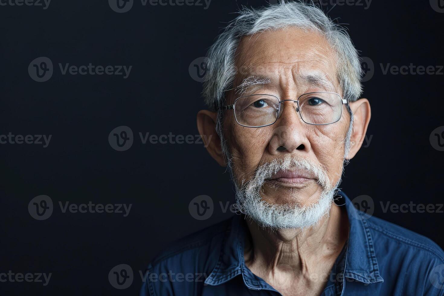 portrait de adulte Beau homme de retraite âge et asiatique apparence dans chemise sur noir Contexte avec copie espace. sur de soi et calme Regardez de un personnes âgées homme d'affaire. est nationalité photo