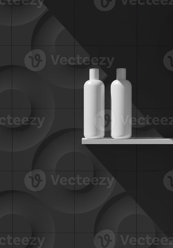 modèle de marque cosmétique. emballage raster. huile, lotion, shampoing. ensemble de maquette de bouteille. sur l'étagère. illustration 3D photo