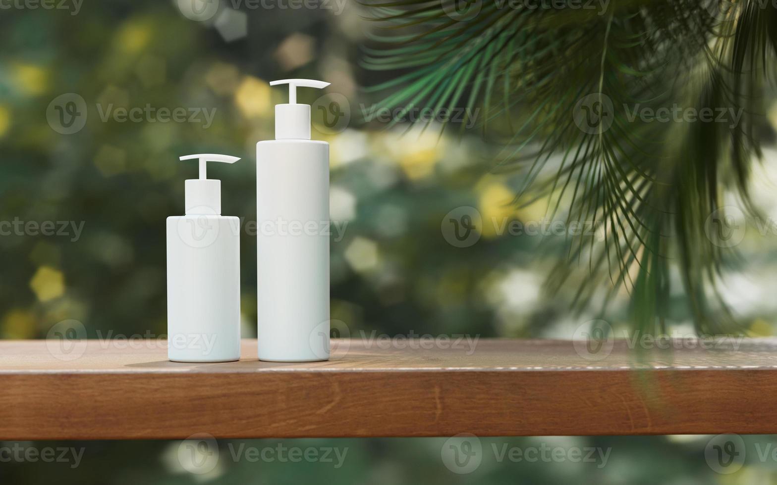 présentation de produits cosmétiques naturels. placement de jardin en plein air. bouteille de shampoing en pot blanc blanc. Contenu d'illustration 3D. photo